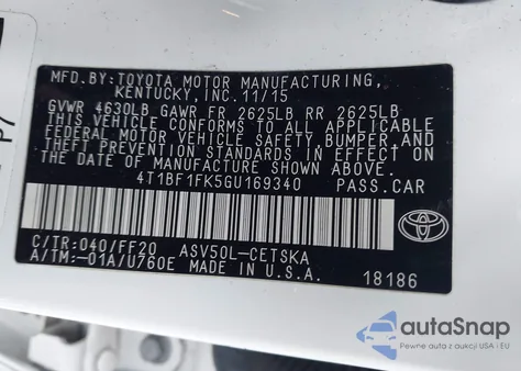 2016 Toyota Camry Se from USA, damaged, VIN 4T1BF1FK5GU169340